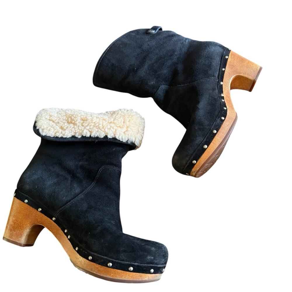 UGG Shearling Clog Boots Womens 8 Black Leather Wooden Heel Studded